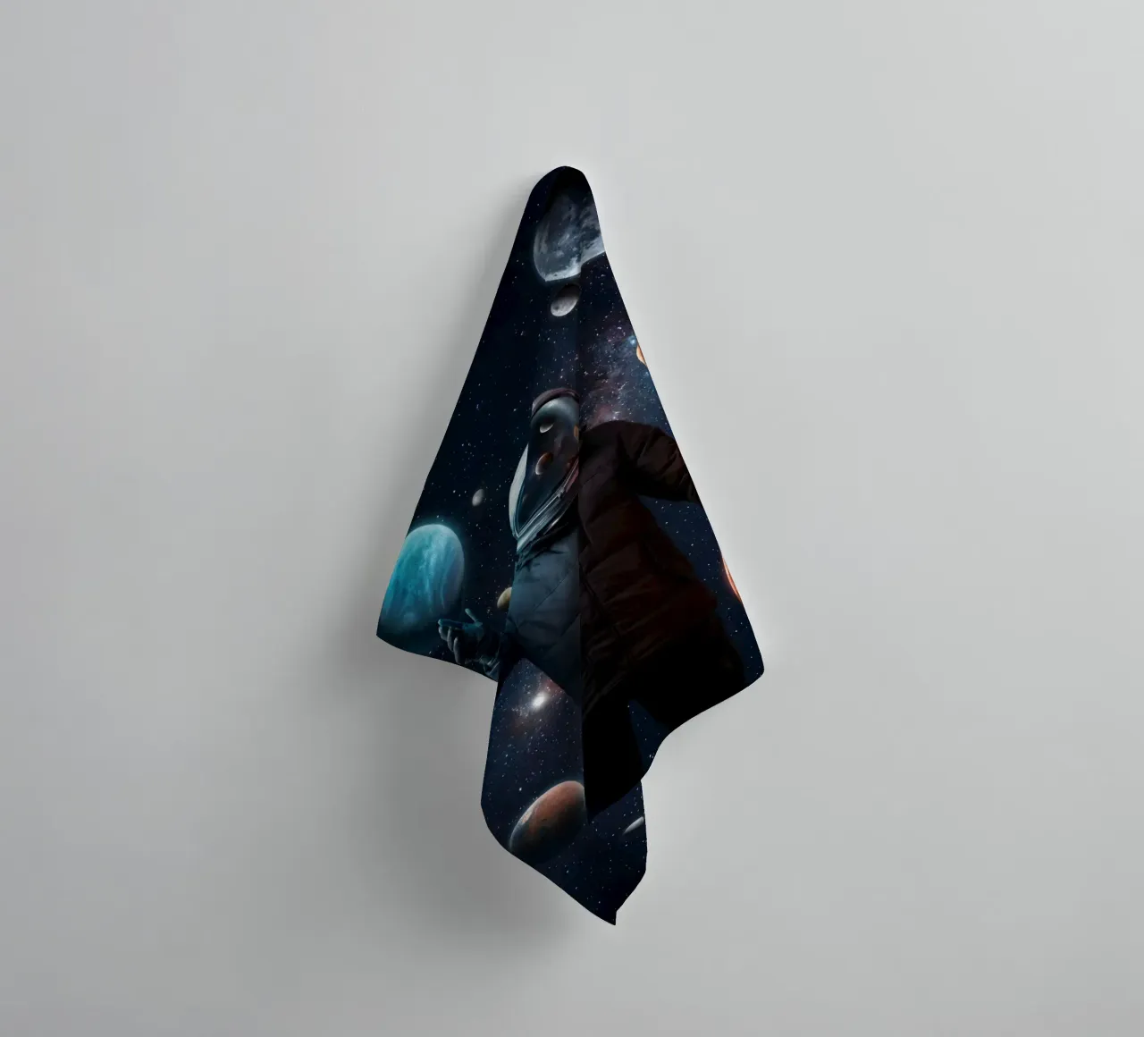 Astronaut Holding Planets in Surreal Outer Space Art towel by Cosmic Reverie Studio