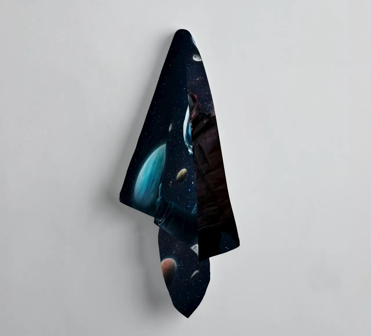Astronaut Holding Planets in Surreal Outer Space Art towel by Cosmic Reverie Studio