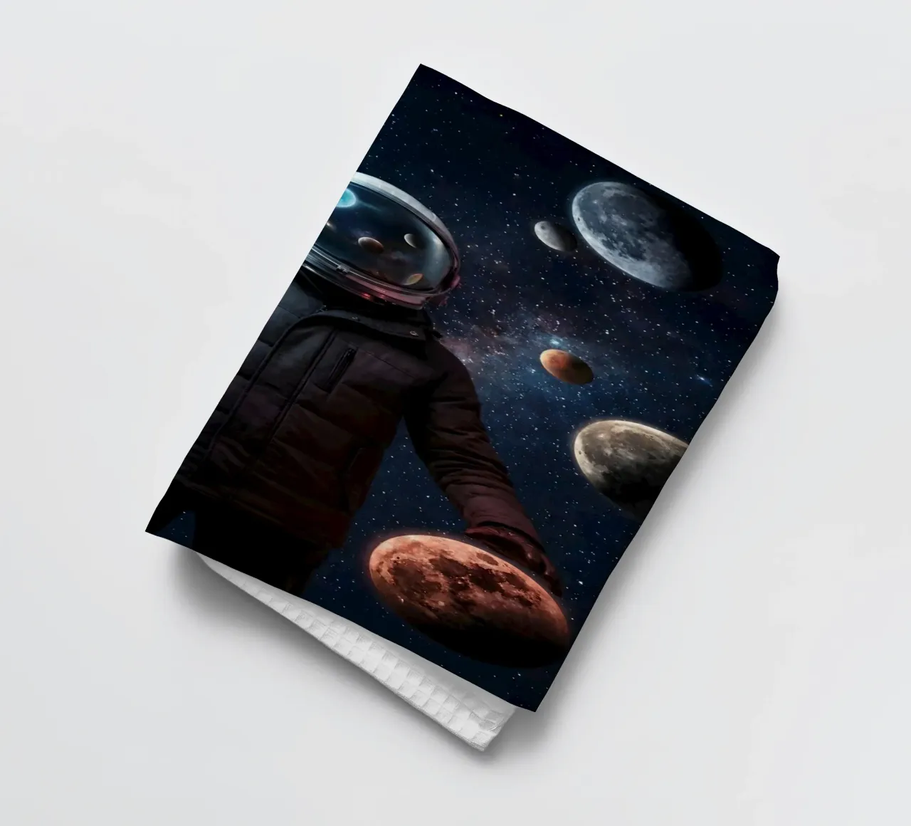 Un astronaute tient des planètes dans un tableau surréaliste de l'espace extra-atmosphérique torchon de Cosmic Reverie Studio