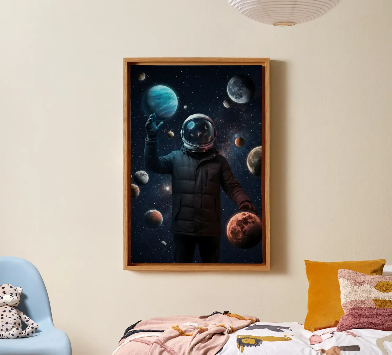 Astronaut Holding Planets in Surreal Outer Space Art canvas by Cosmic Reverie Studio