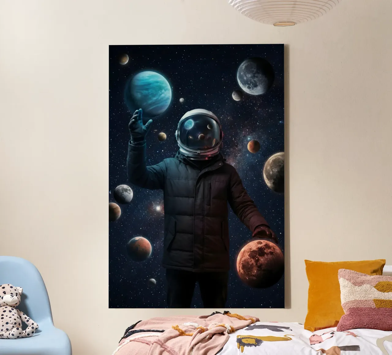 Astronaut Holding Planets in Surreal Outer Space Art canvas by Cosmic Reverie Studio
