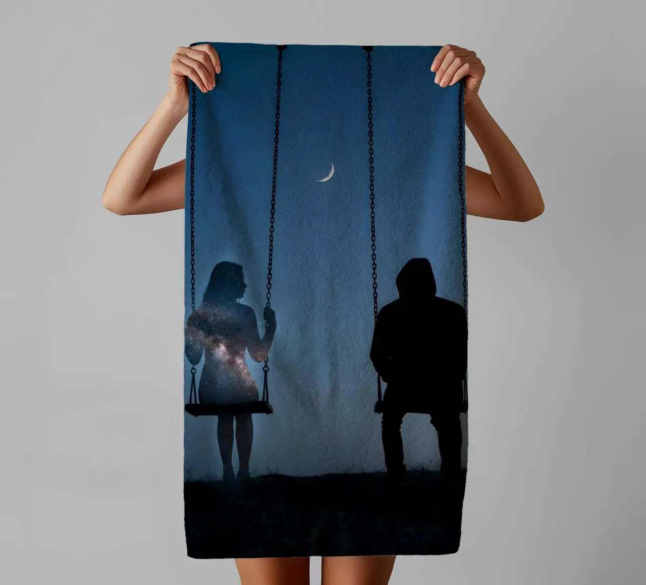 Cosmic Memory: Surreal Night Swing Under Crescent Moon towel by Cosmic Reverie Studio
