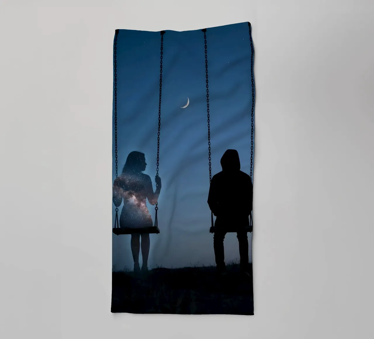 Cosmic Memory: Surreal Night Swing Under Crescent Moon towel by Cosmic Reverie Studio