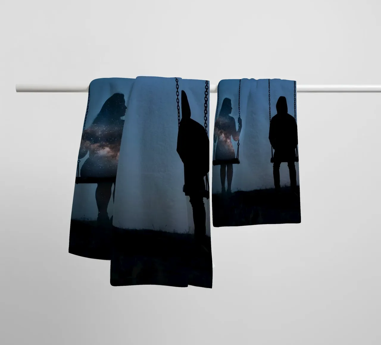 Cosmic Memory: Surreal Night Swing Under Crescent Moon towel by Cosmic Reverie Studio