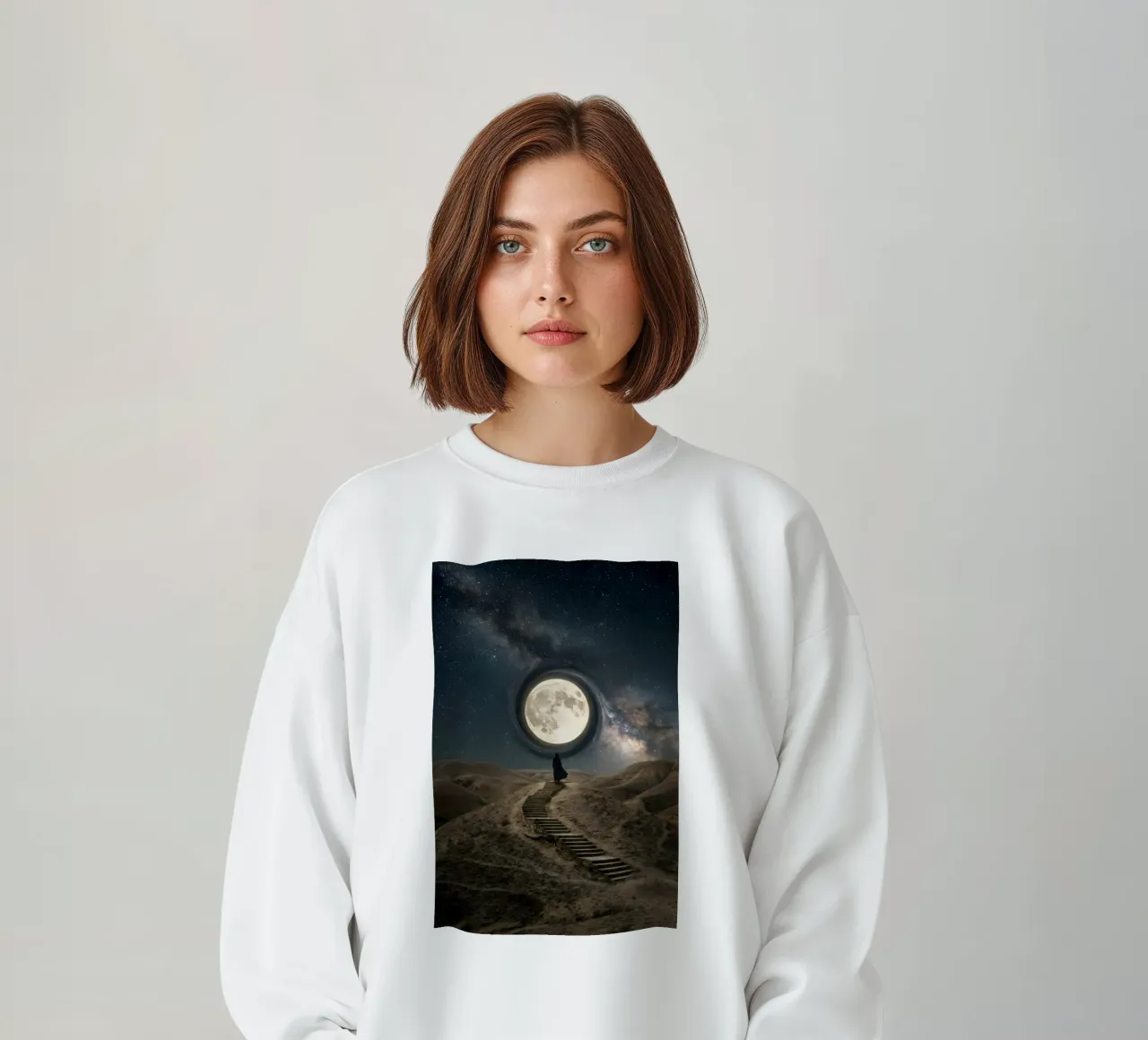 Scala per la Luna: Viaggio surreale nel deserto cosmico felpa da Cosmic Reverie Studio
