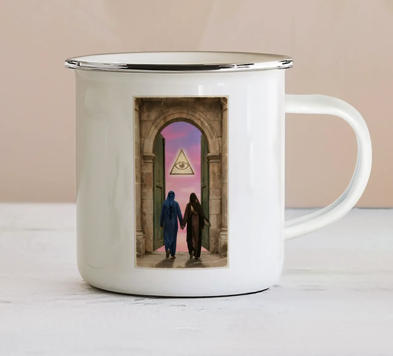Gateway of Light: Symbolic Surreal Journey Into the Unknown enamel mug by Cosmic Reverie Studio