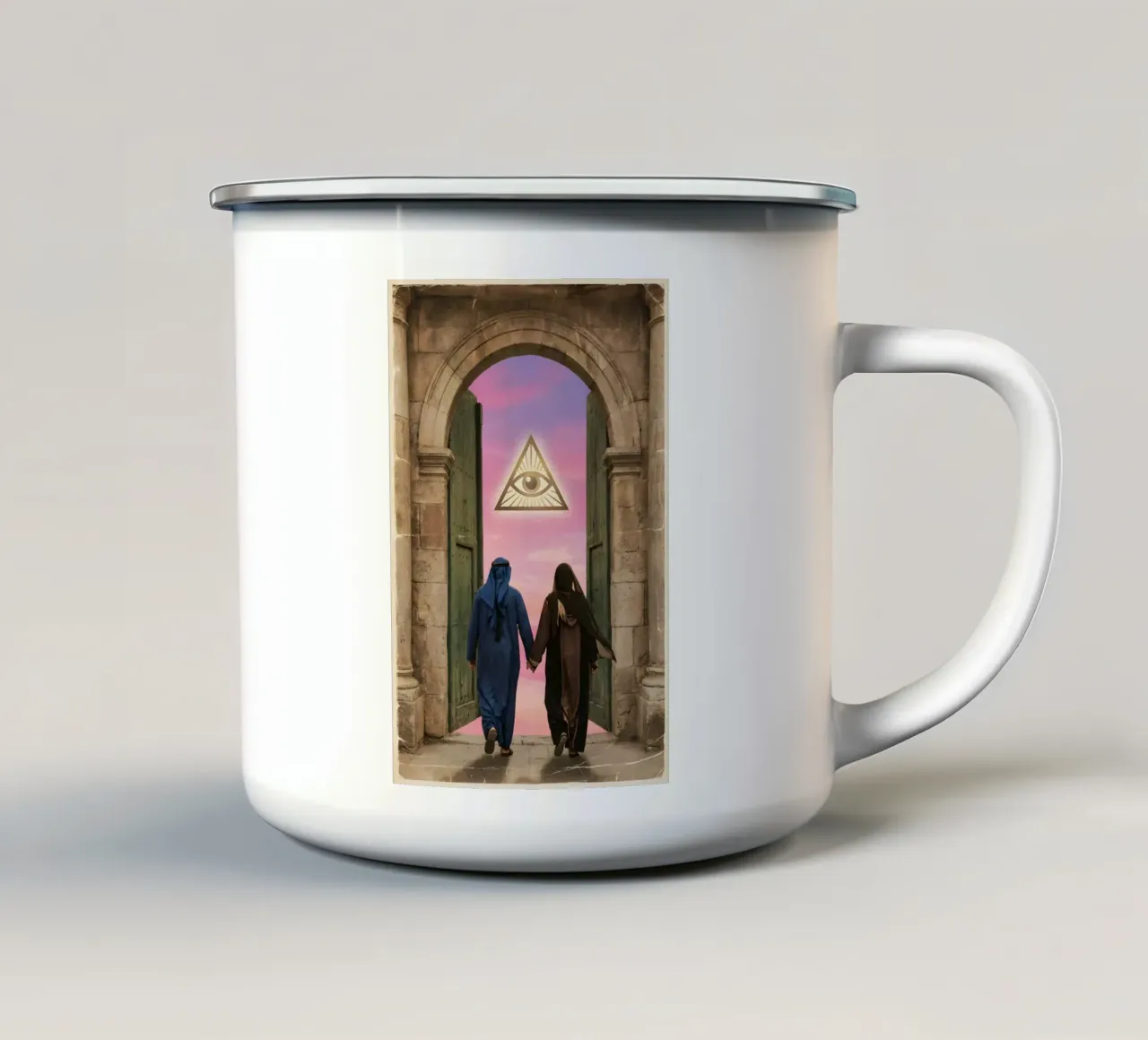 Gateway of Light: Symbolic Surreal Journey Into the Unknown enamel mug by Cosmic Reverie Studio