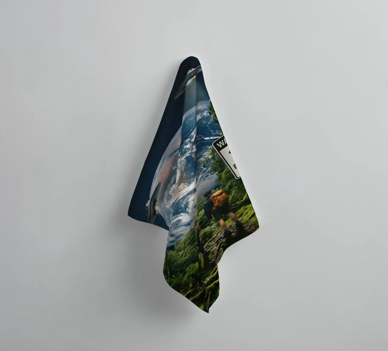 UFO Descent Zone: Surreal Cosmic Encounter in the Forest towel by Cosmic Reverie Studio