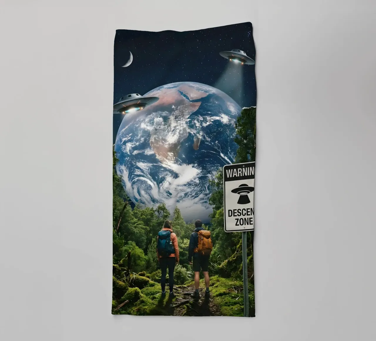UFO Descent Zone: Surreal Cosmic Encounter in the Forest towel by Cosmic Reverie Studio
