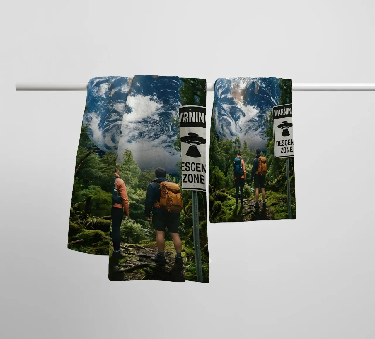 UFO Descent Zone: Surreal Cosmic Encounter in the Forest towel by Cosmic Reverie Studio