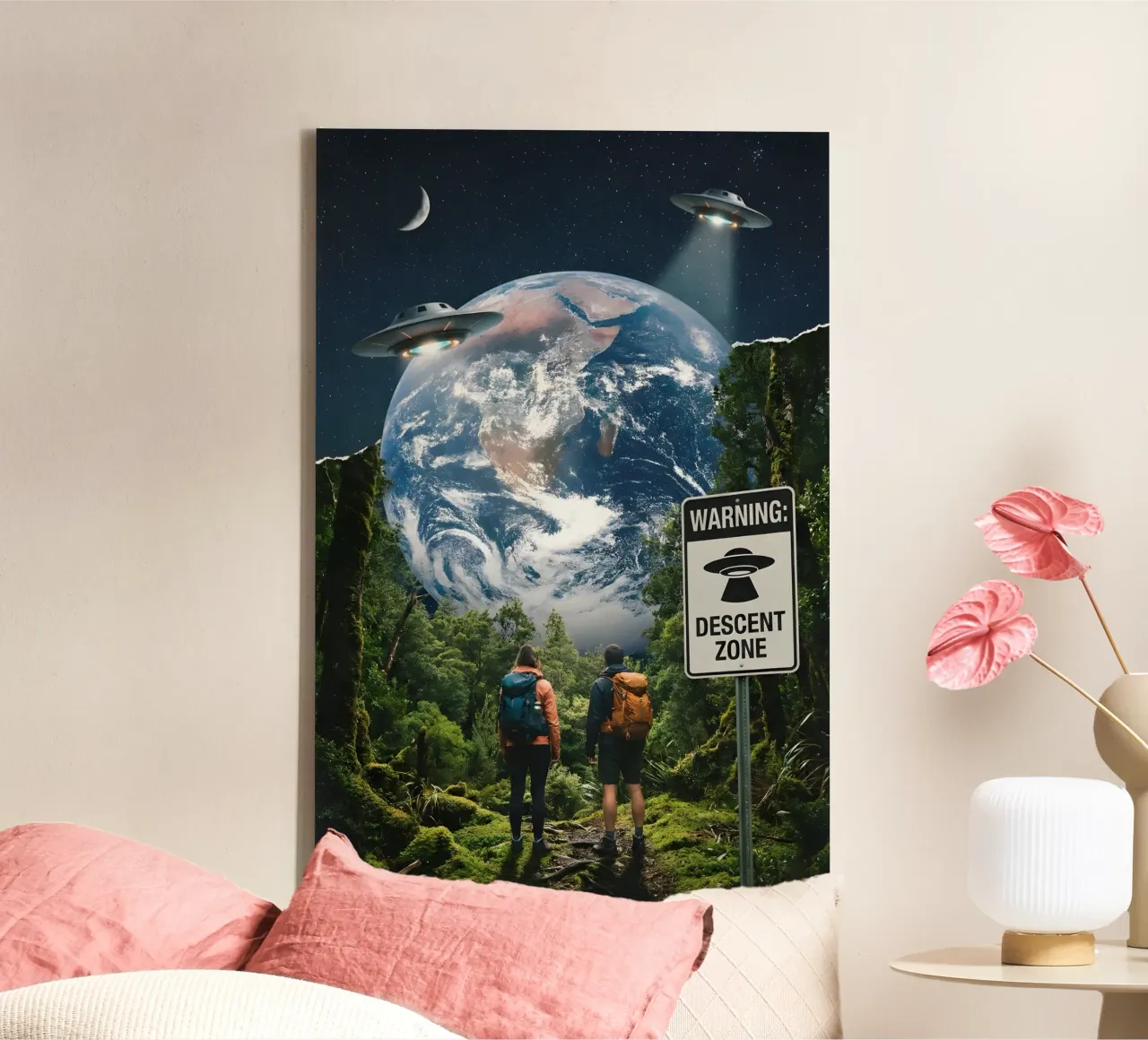 UFO Descent Zone: Surreal Cosmic Encounter in the Forest canvas by Cosmic Reverie Studio