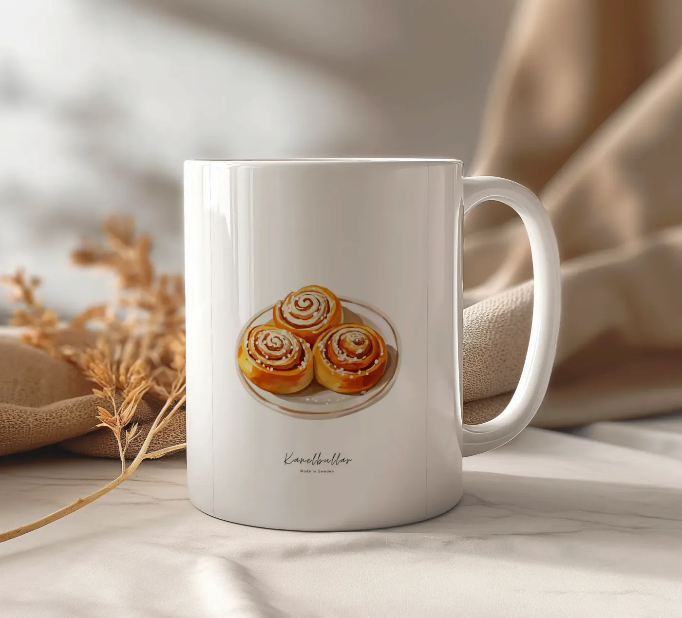 Illustration „Kanelbullar“ mit Schriftzug tazza in ceramica da Nordljus Design Studio