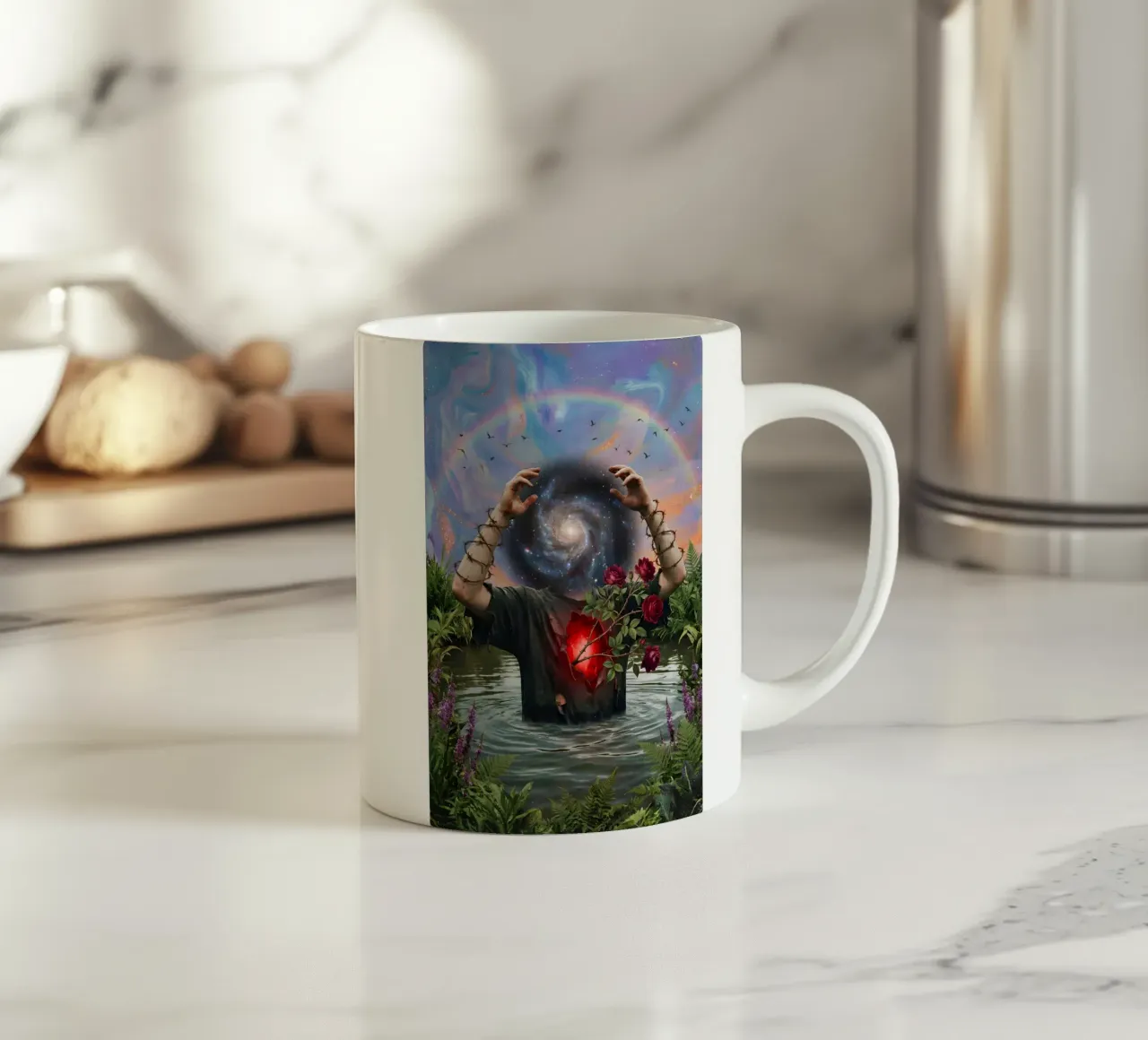 Art surréaliste de la tête de galaxie avec des roses, des cœurs lumineux et la nature mug en céramique de Cosmic Reverie Studio