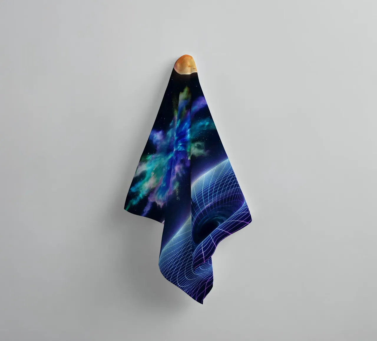Cosmic Vision: Man Below Nebula & Space-Time Vortex Art towel by Cosmic Reverie Studio