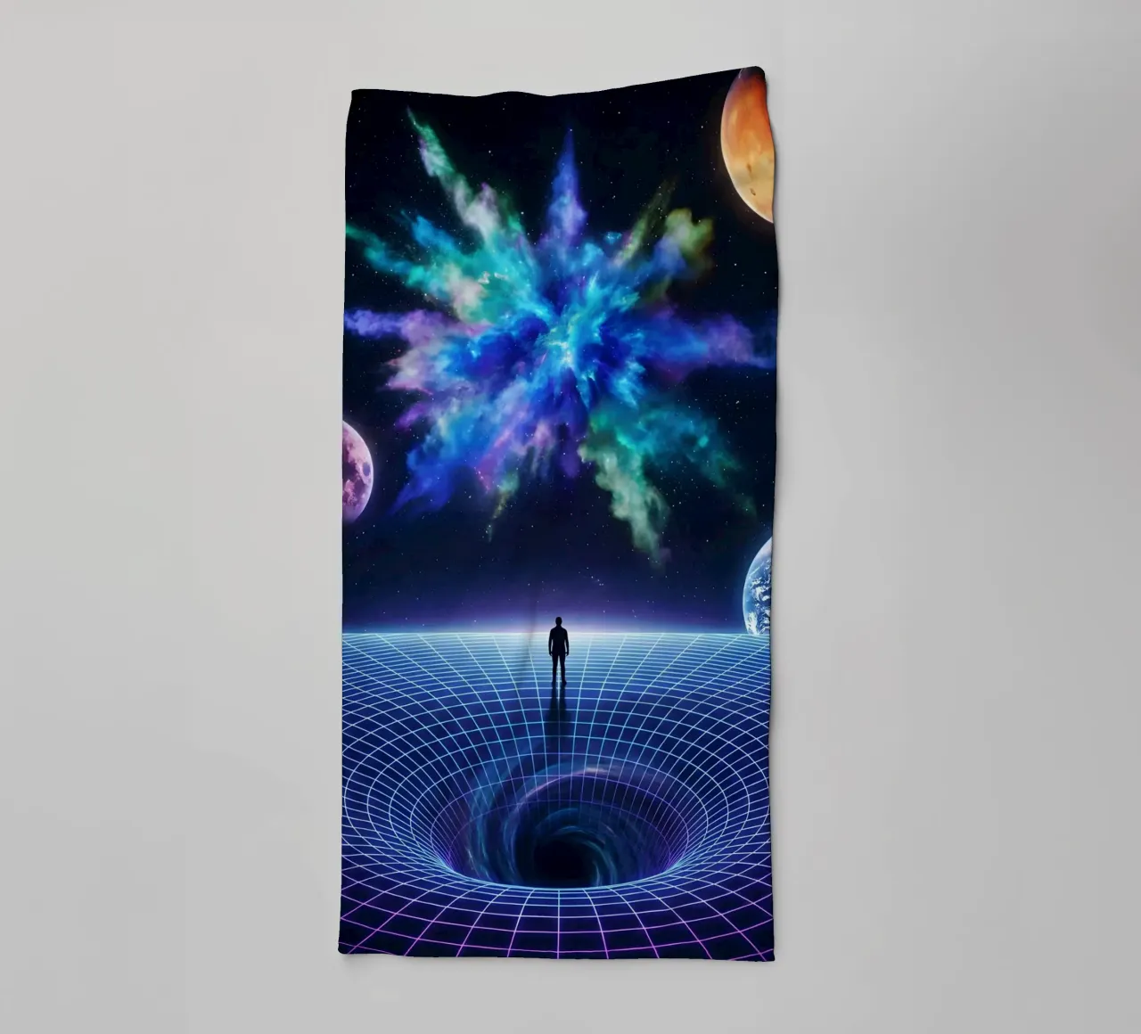 Cosmic Vision: Man Below Nebula & Space-Time Vortex Art towel by Cosmic Reverie Studio