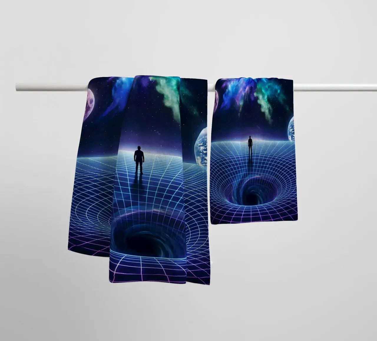 Cosmic Vision: Man Below Nebula & Space-Time Vortex Art towel by Cosmic Reverie Studio