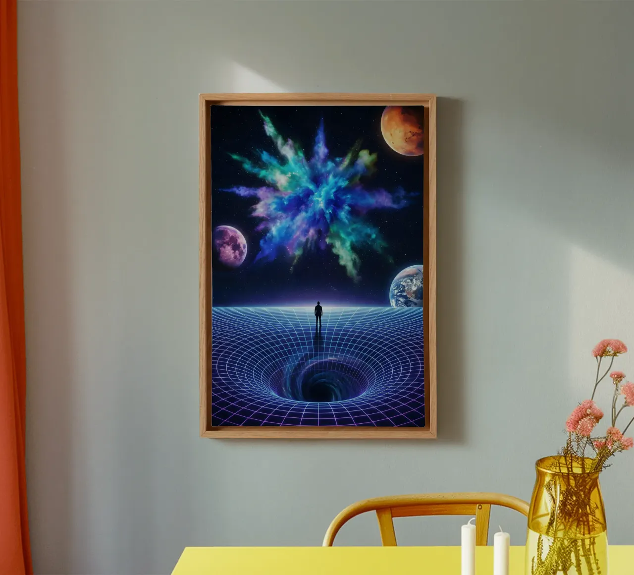 Cosmic Vision: Man Below Nebula & Space-Time Vortex Art canvas by Cosmic Reverie Studio