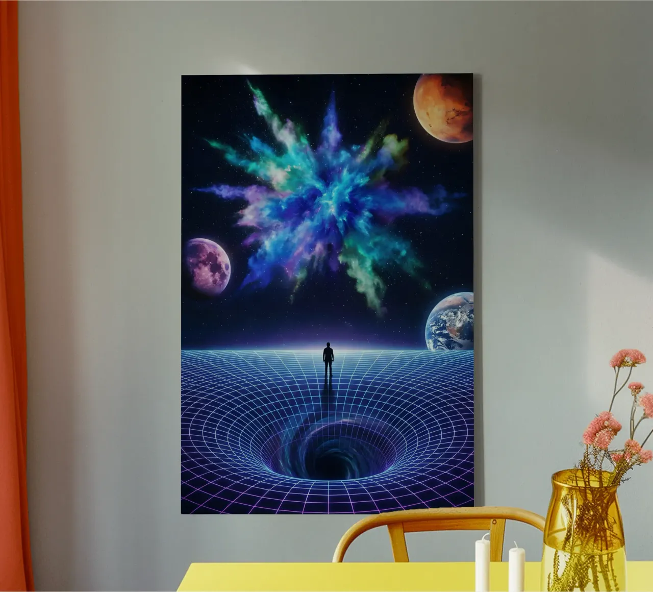 Cosmic Vision: Man Below Nebula & Space-Time Vortex Art canvas by Cosmic Reverie Studio