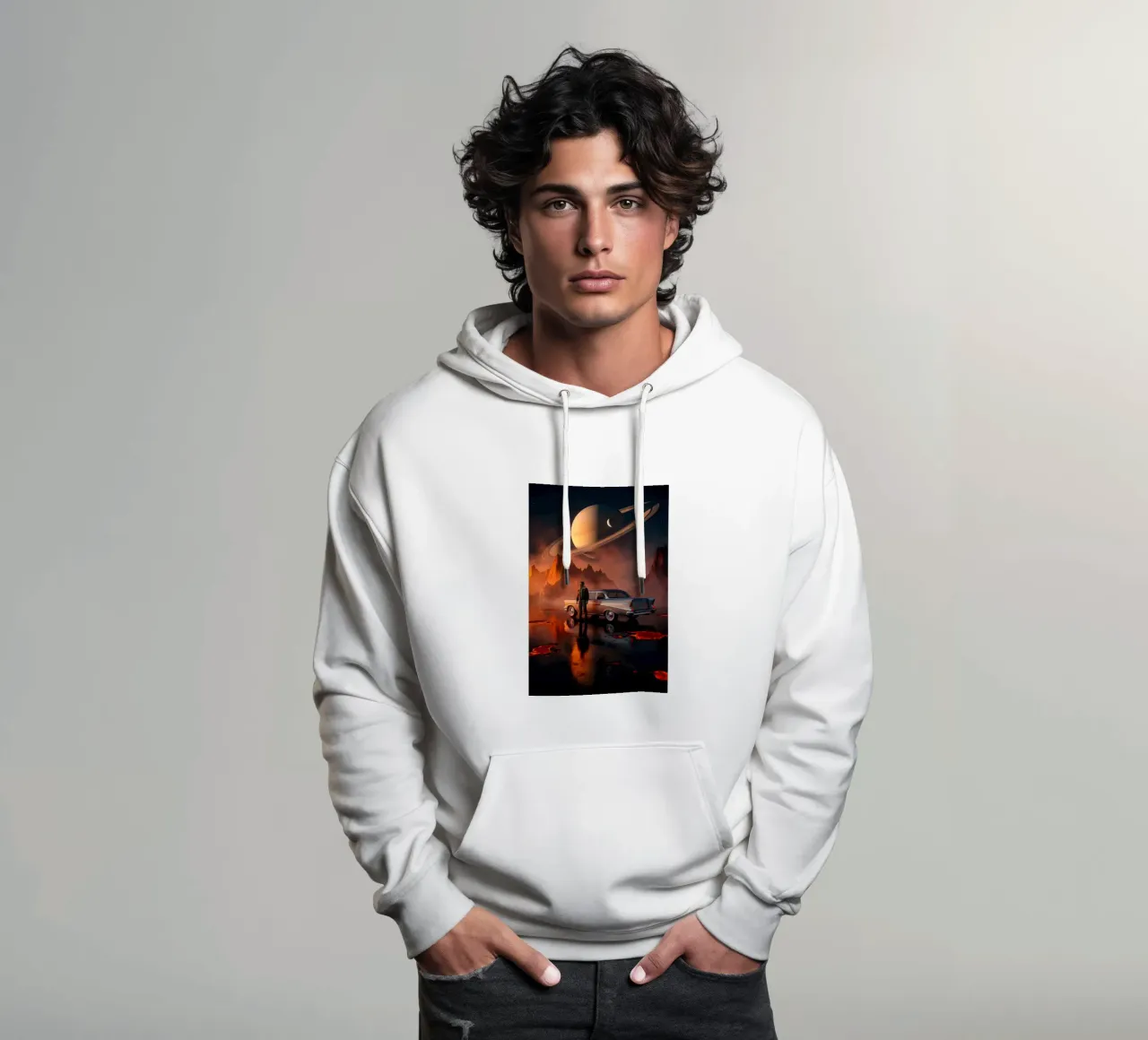 Esploratore retrò con auto d'epoca su un pianeta alieno in fiamme felpa con cappuccio da Cosmic Reverie Studio