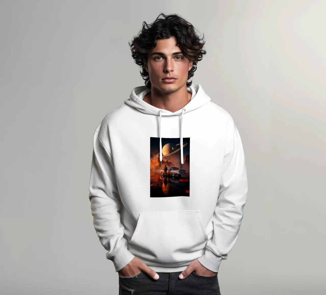 Esploratore retrò con auto d'epoca su un pianeta alieno in fiamme felpa con cappuccio da Cosmic Reverie Studio