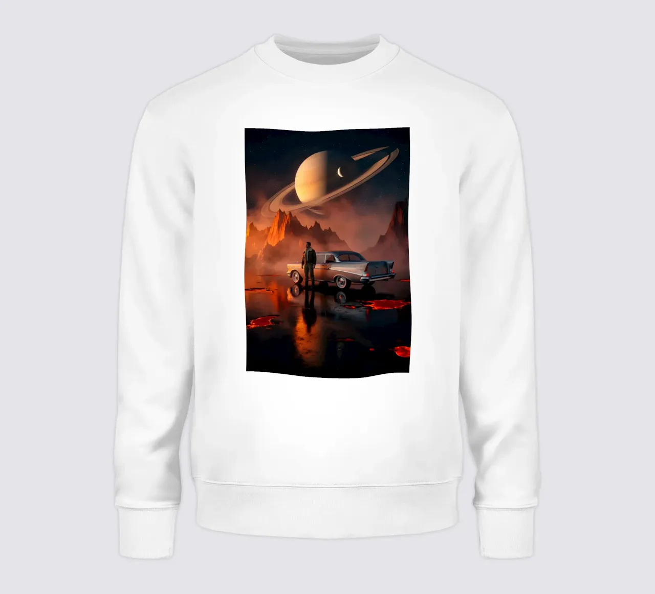 Esploratore retrò con auto d'epoca su un pianeta alieno in fiamme felpa da Cosmic Reverie Studio