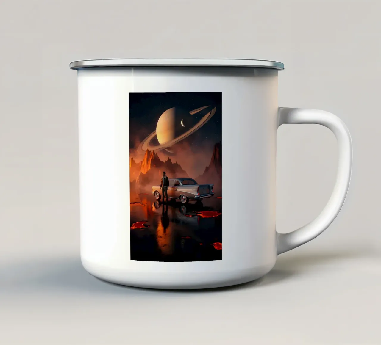 Esploratore retrò con auto d'epoca su un pianeta alieno in fiamme tazza in smalto da Cosmic Reverie Studio