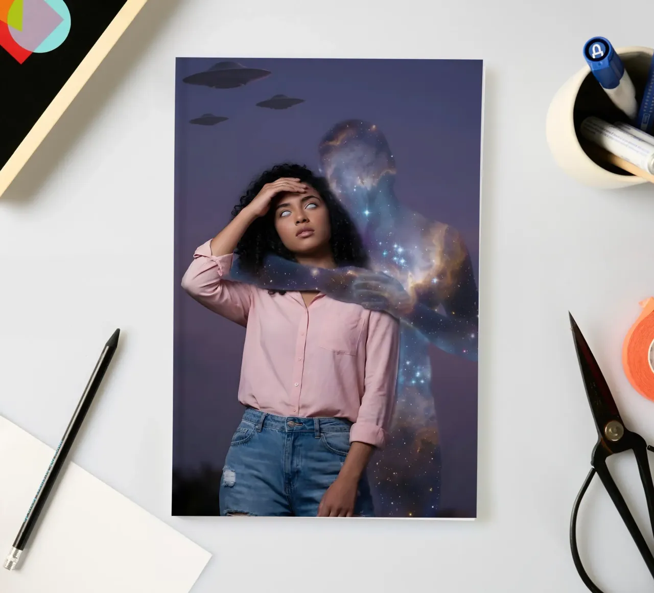 Cosmic Encounter Surreal Alien Visitation Art Print notebook by Cosmic Reverie Studio