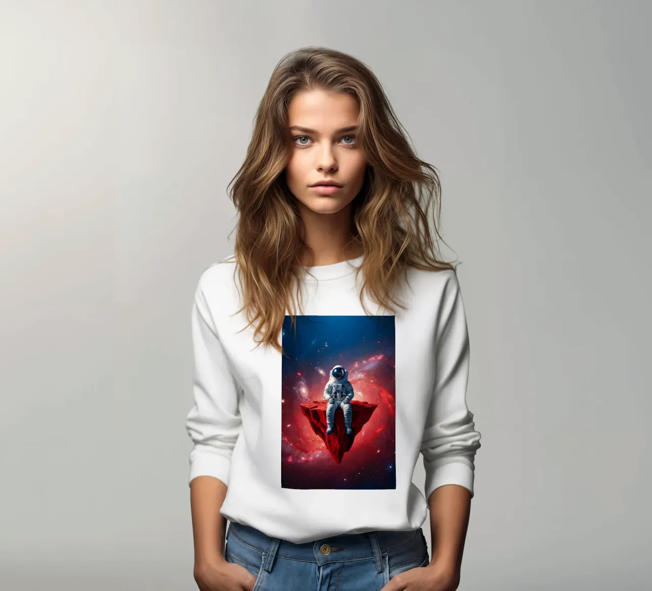 Astronaut on Floating Rock – Surreal Cosmic Space Art Print sweatshirt by Cosmic Reverie Studio