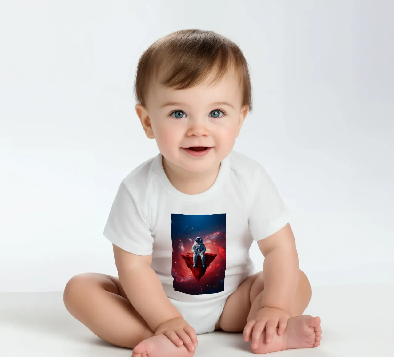 Astronaut on Floating Rock – Surreal Cosmic Space Art Print short-sleeve baby romper by Cosmic Reverie Studio