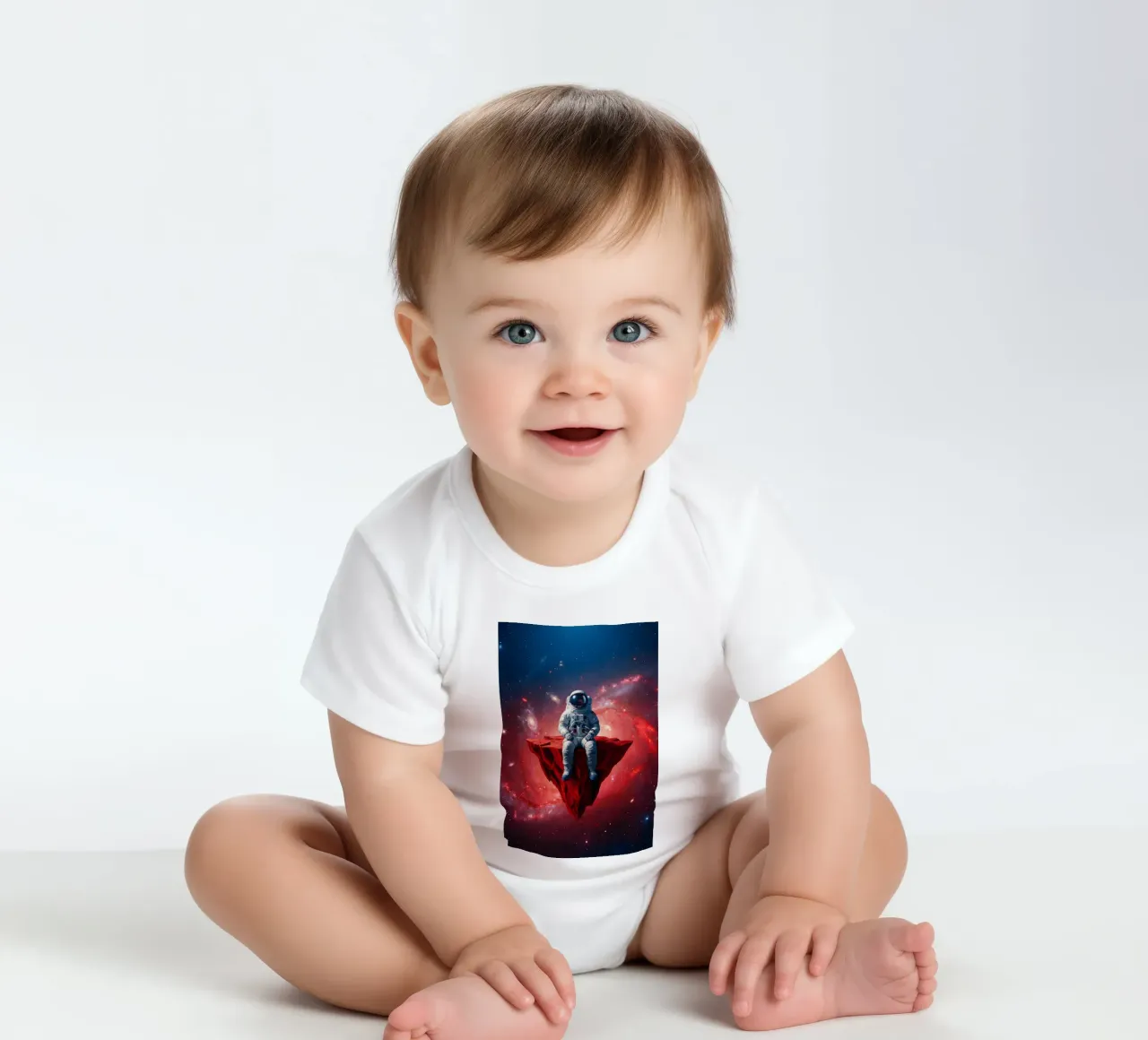 Astronaut on Floating Rock – Surreal Cosmic Space Art Print short-sleeve baby romper by Cosmic Reverie Studio