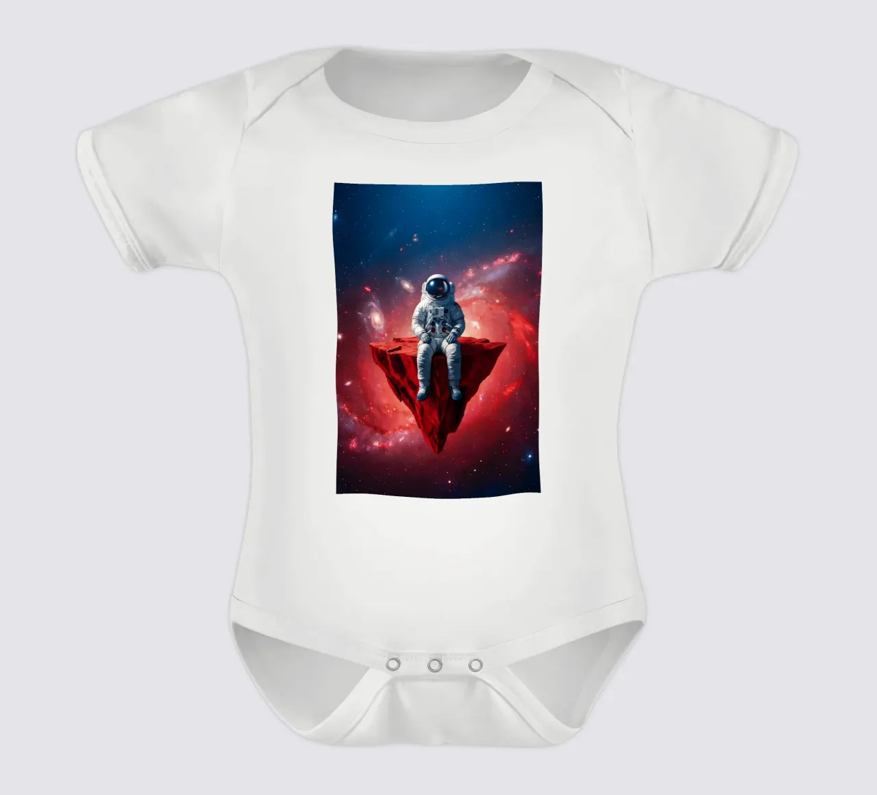 Astronaut on Floating Rock – Surreal Cosmic Space Art Print short-sleeve baby romper by Cosmic Reverie Studio