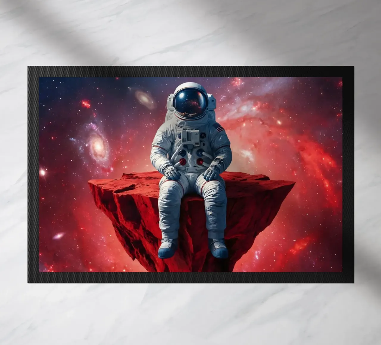Astronaut on Floating Rock – Surreal Cosmic Space Art Print doormat by Cosmic Reverie Studio