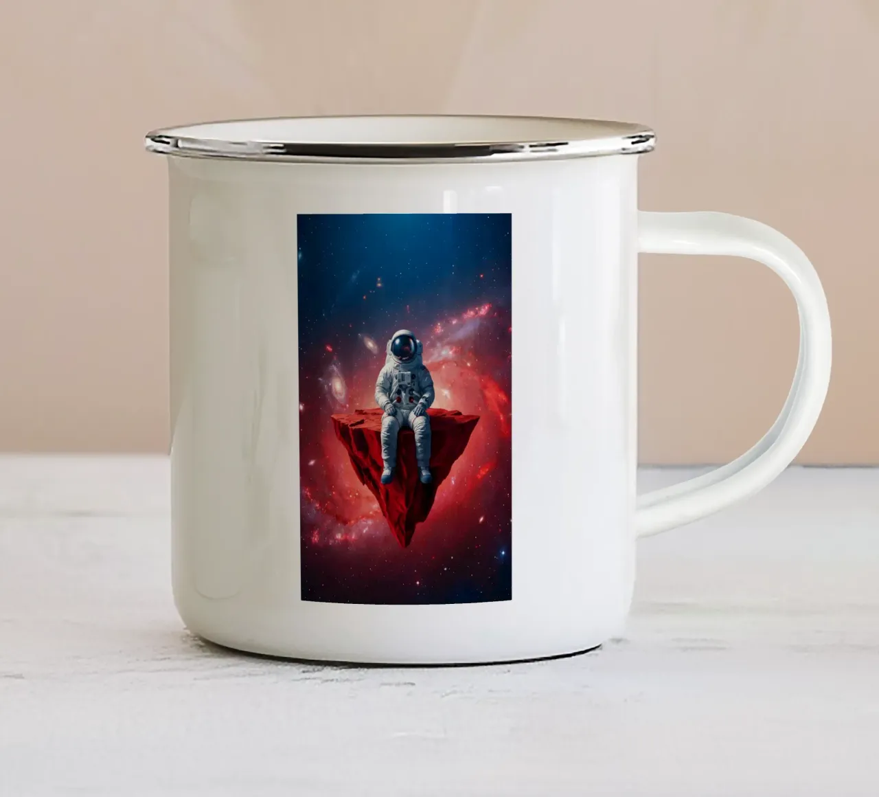 Astronaut on Floating Rock – Surreal Cosmic Space Art Print enamel mug by Cosmic Reverie Studio
