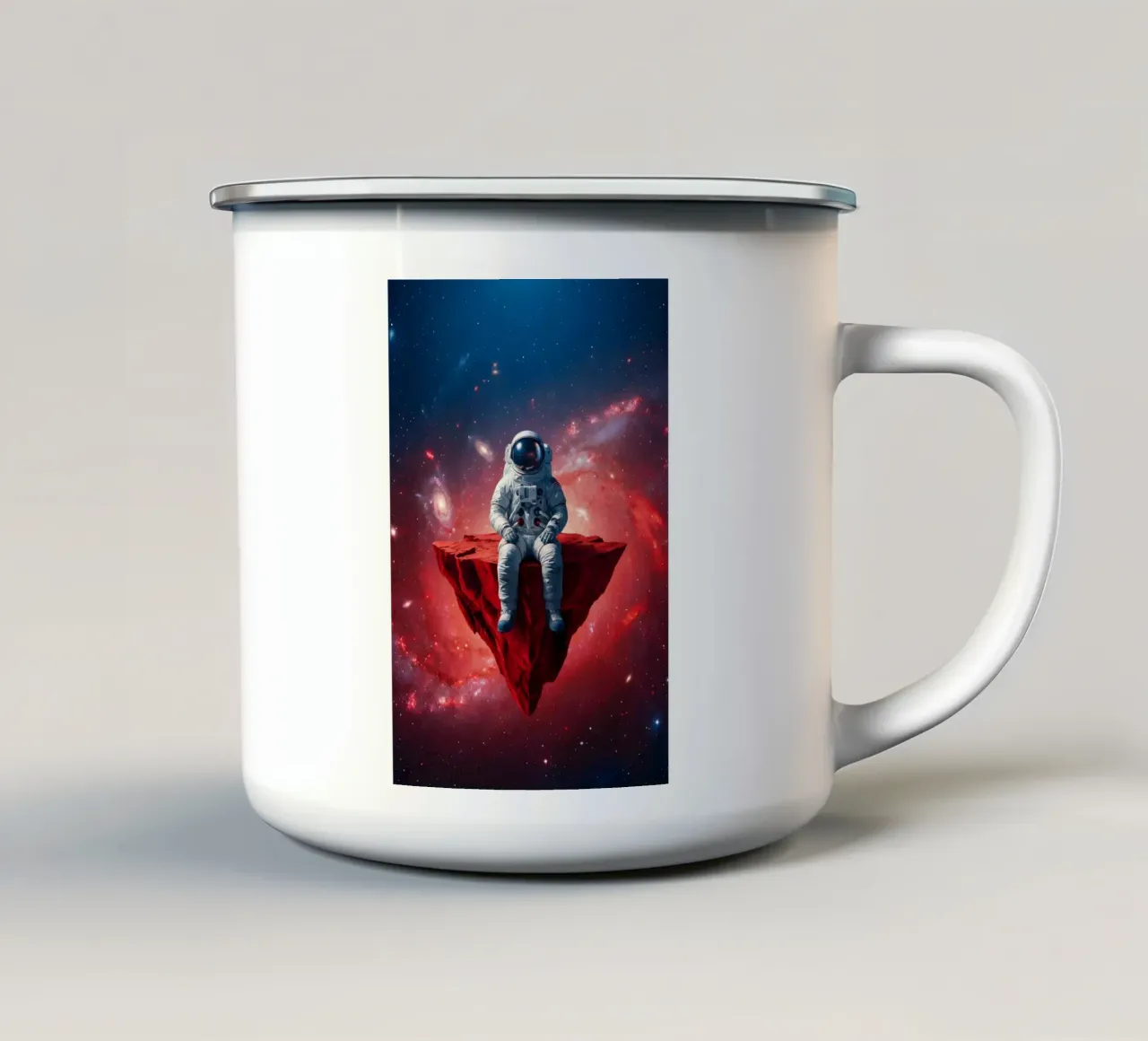 Astronaut on Floating Rock – Surreal Cosmic Space Art Print enamel mug by Cosmic Reverie Studio