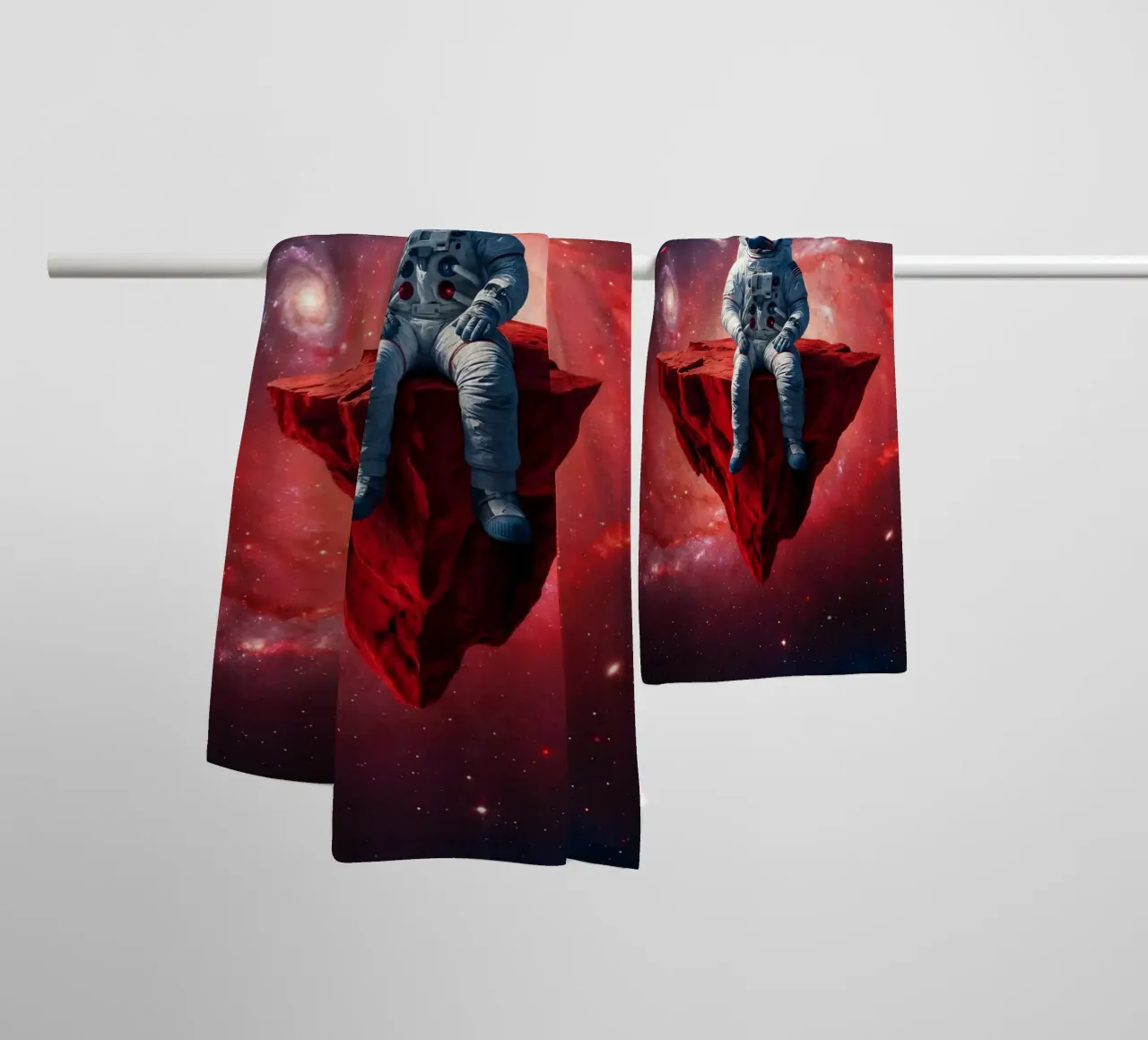 Astronaut on Floating Rock – Surreal Cosmic Space Art Print towel by Cosmic Reverie Studio