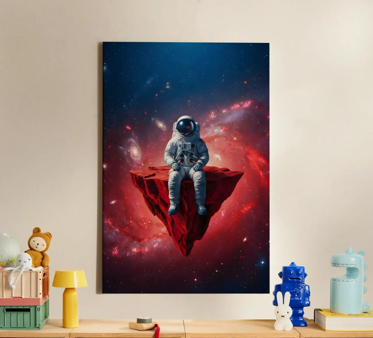 Astronaut on Floating Rock – Surreal Cosmic Space Art Print canvas by Cosmic Reverie Studio