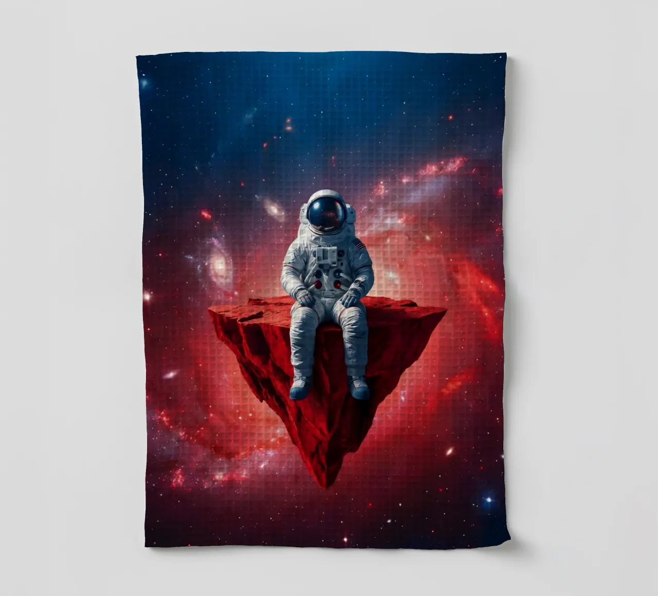 Astronaut on Floating Rock – Surreal Cosmic Space Art Print tea towel by Cosmic Reverie Studio