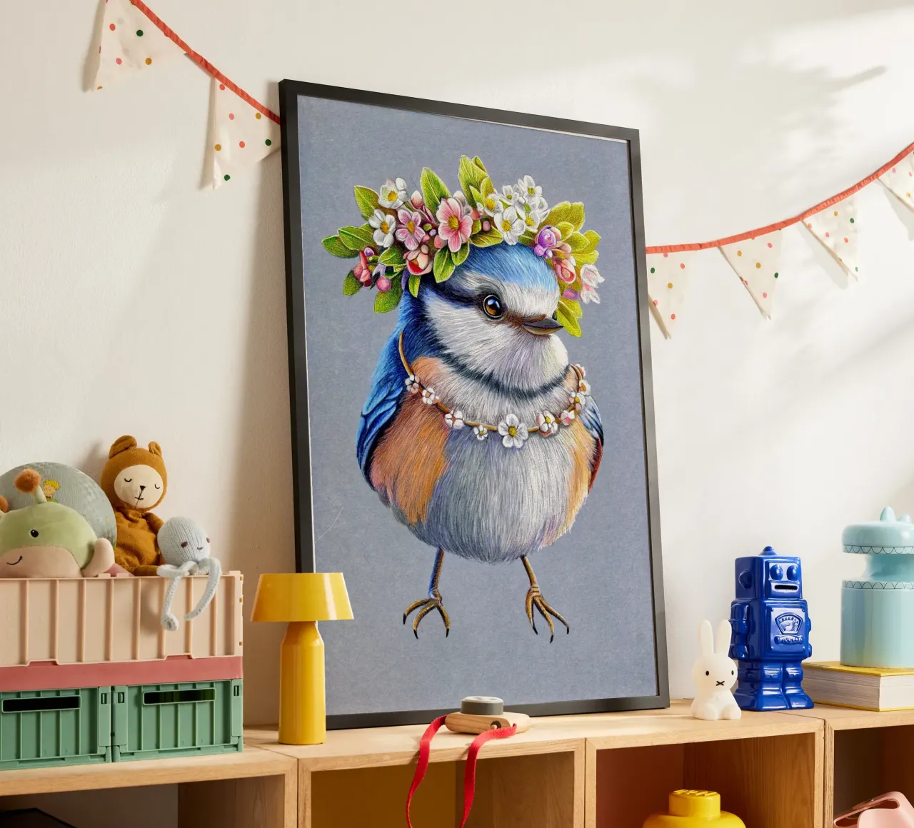 Frühlingsvogel Poster mit Holzrahmen von Graphit und Farbe