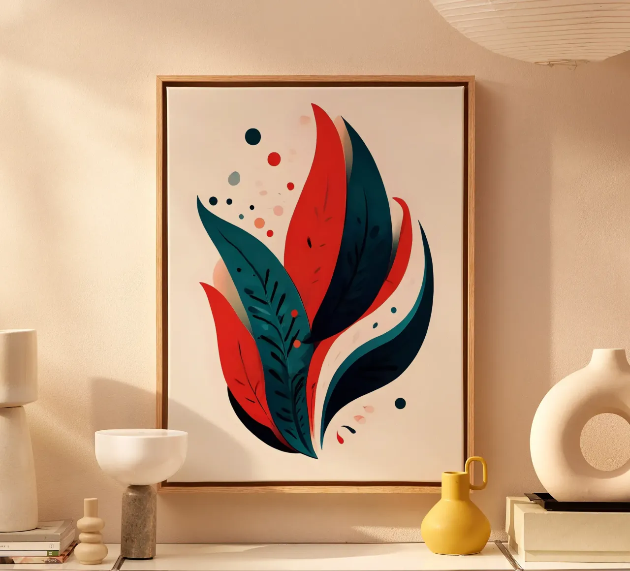 Karmozijnrood & groenblauwe bladeren canvas met Baklijst van Artistic-shop