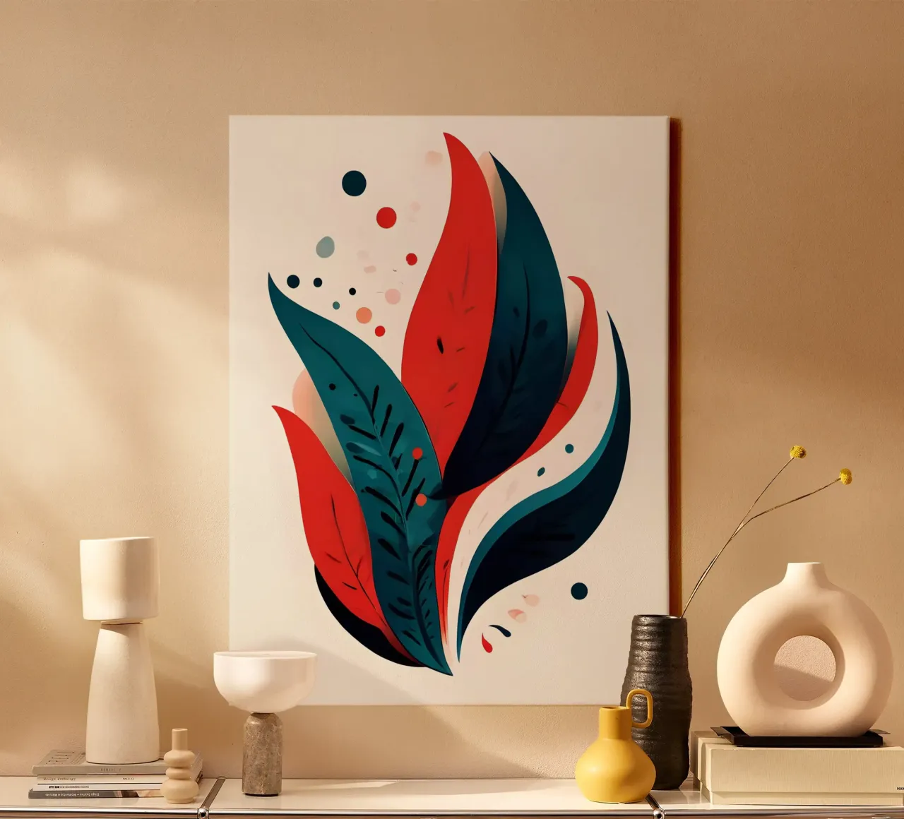 Karmozijnrood & groenblauwe bladeren canvas met Baklijst van Artistic-shop