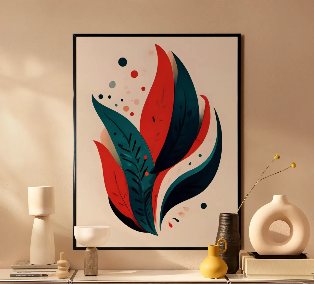 Foglie cremisi e verde acqua poster con telaio in plastica da Artistic-shop