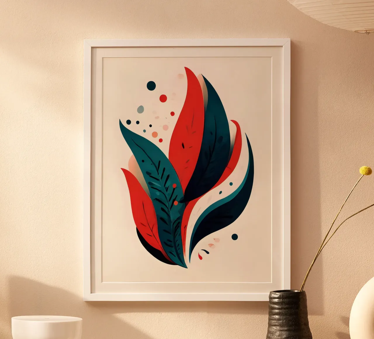 Foglie cremisi e verde acqua poster con telaio in plastica da Artistic-shop