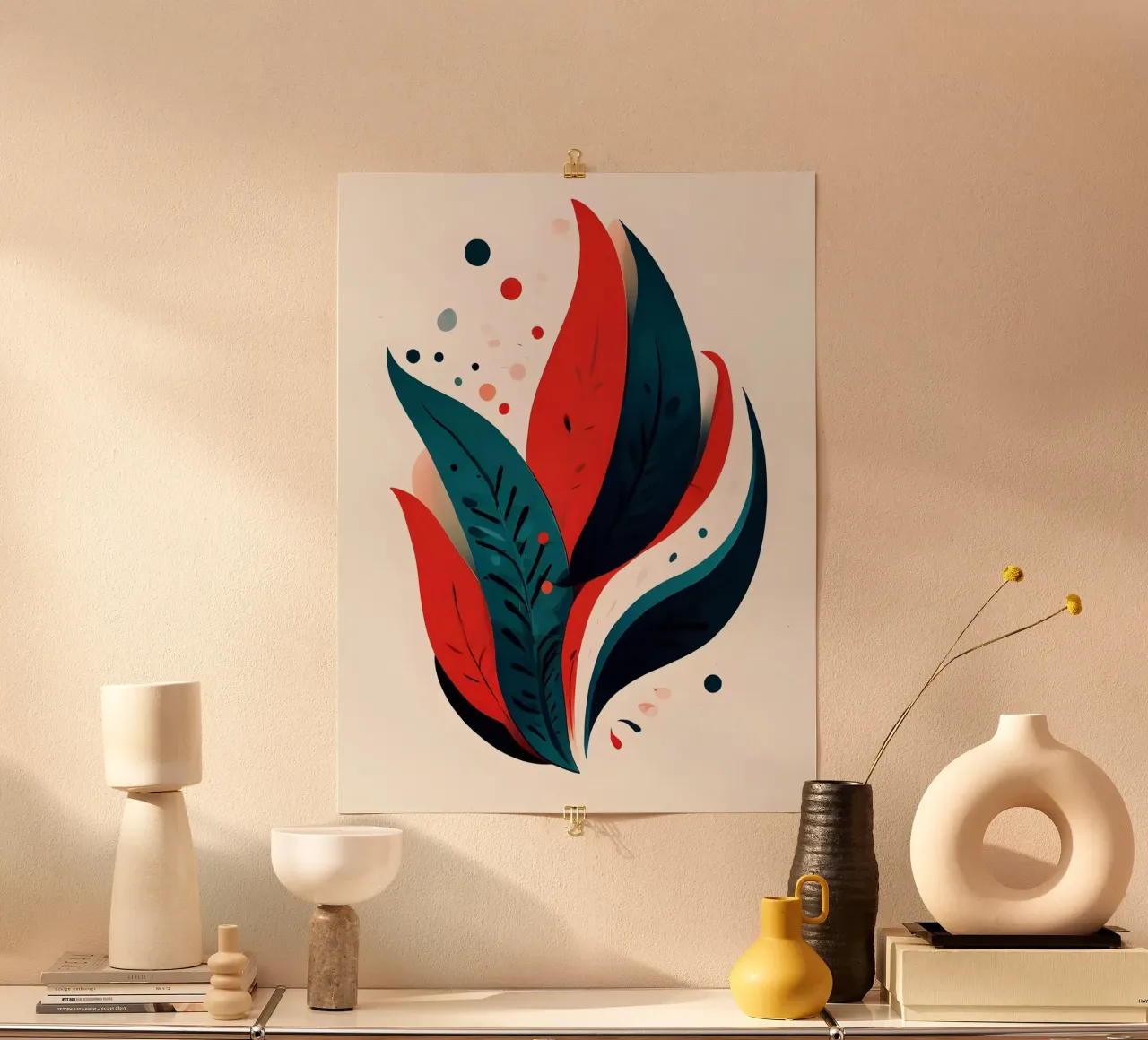 Foglie cremisi e verde acqua poster con telaio in plastica da Artistic-shop