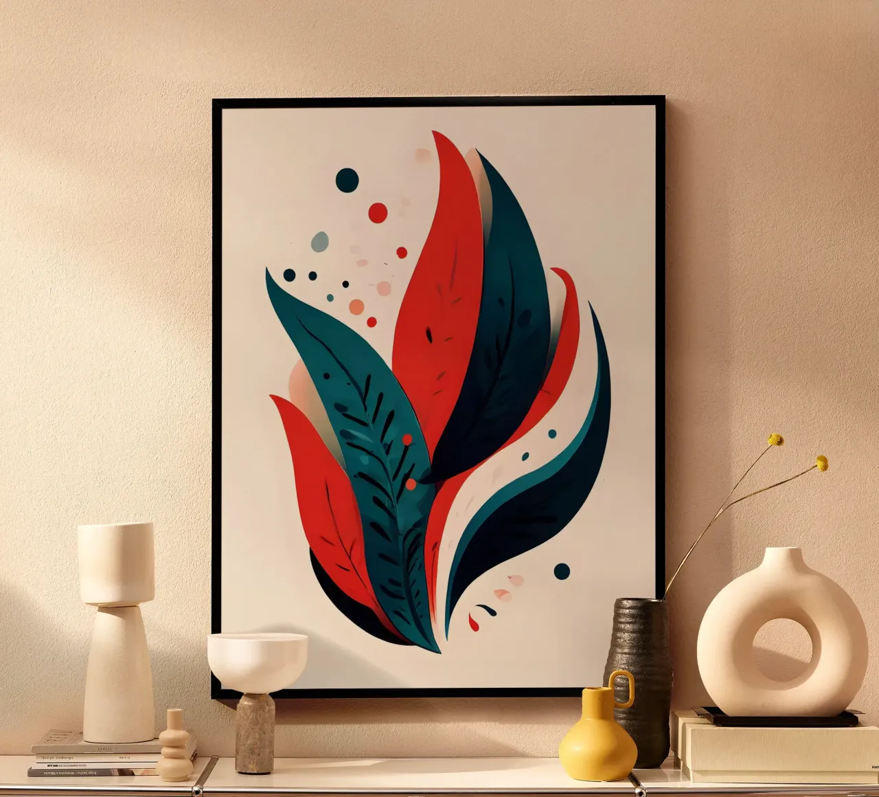 Foglie cremisi e verde acqua poster con telaio in plastica da Artistic-shop