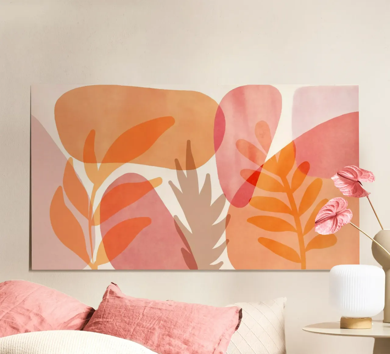 Boho Mid Century Garden Tangerine Peach Coral poster with wooden frame by Andrea Haase Modern Home