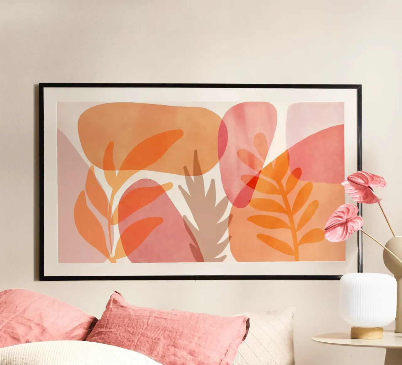 Boho Mid Century Garden Tangerine Peach Coral poster with wooden frame by Andrea Haase Modern Home
