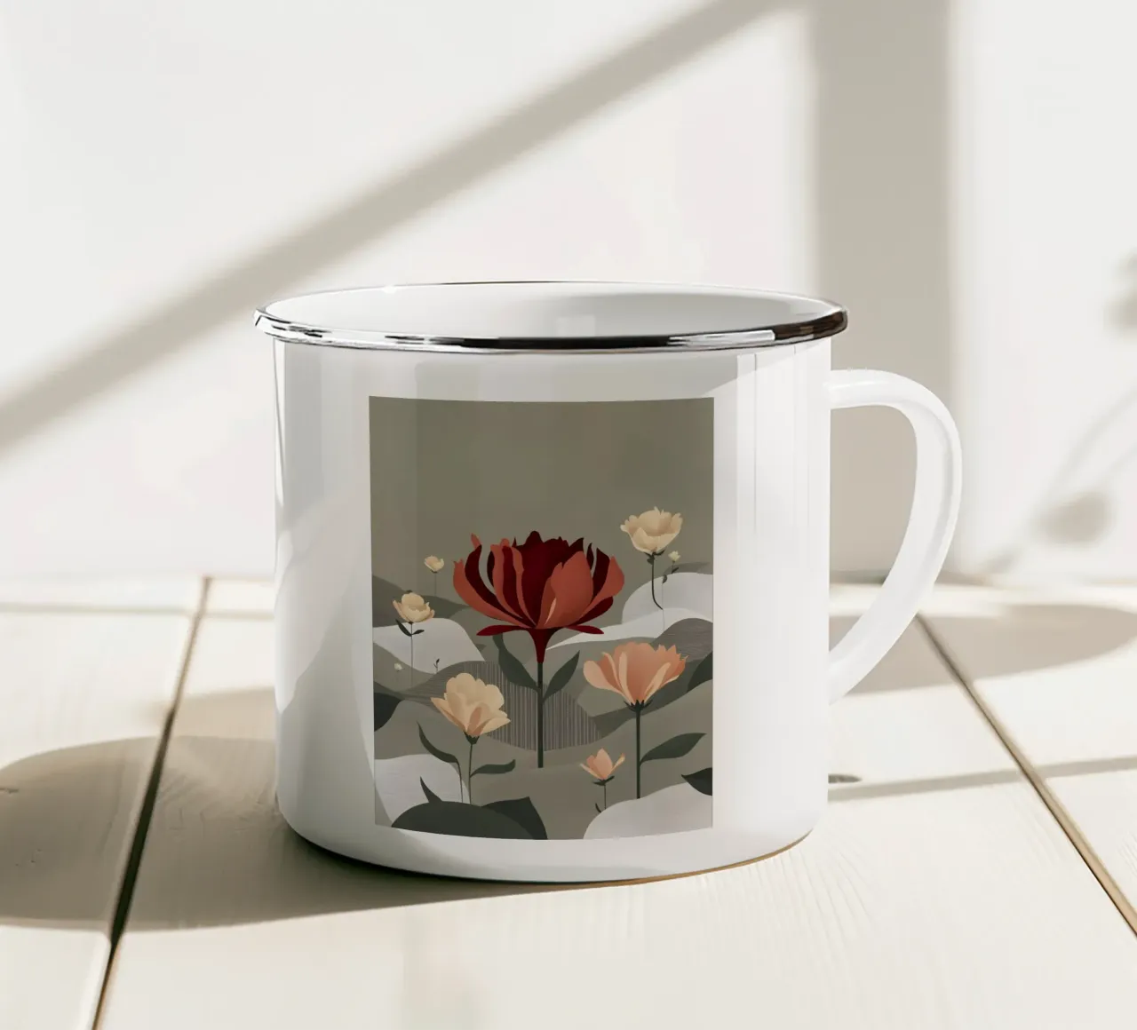 Loto cremisi in mezzo a un campo di margherite tazza in smalto da Artistic-shop