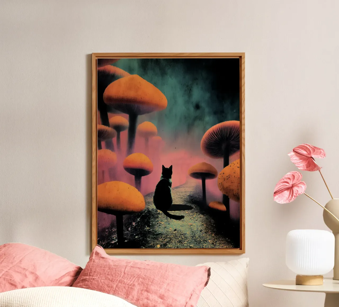 Gatto nero nella mistica foresta di funghi alluminio dibond da Jana Leonenkov Art