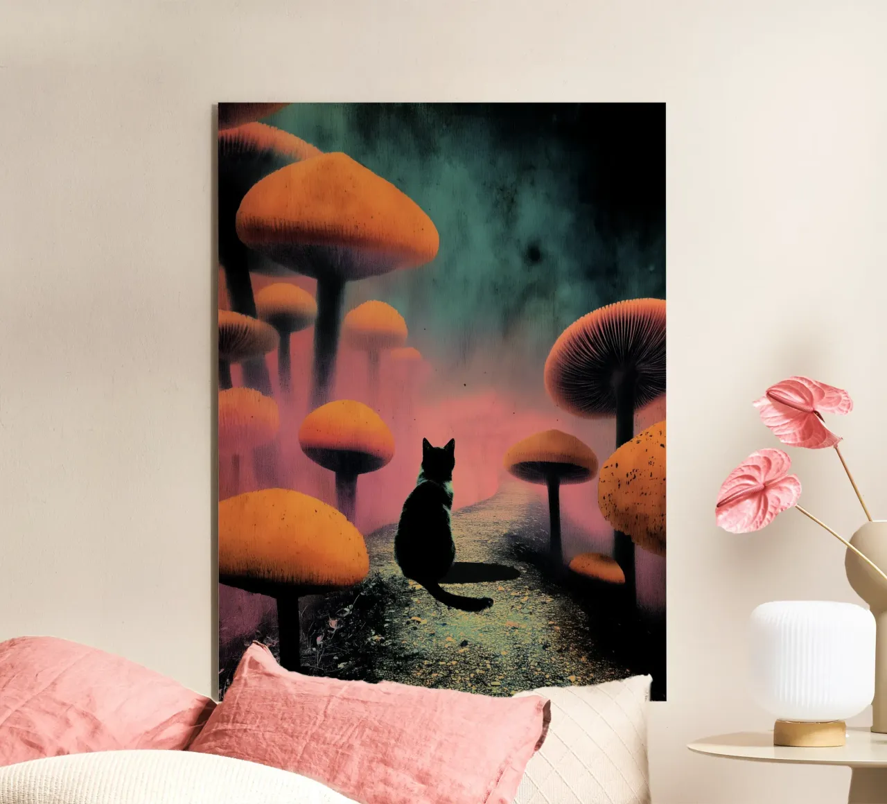 Gatto nero nella mistica foresta di funghi alluminio dibond da Jana Leonenkov Art