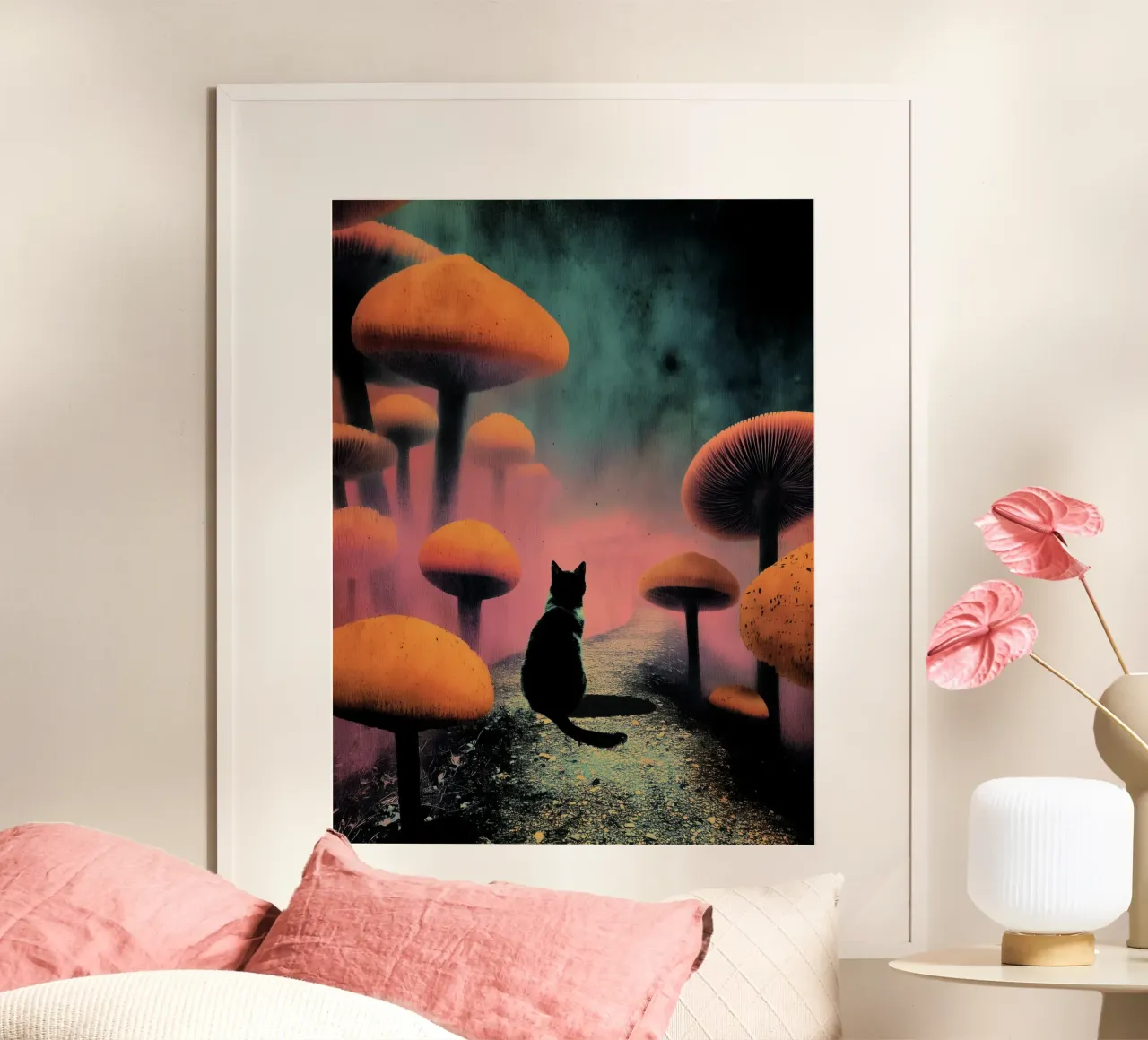 Gatto nero nella mistica foresta di funghi carta hahnemühle da Jana Leonenkov Art